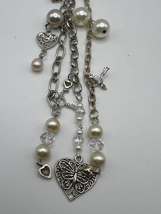 Silver Multi-Charm Bracelet With Pearls Sun Heart & Key Pendants Chain Links & L - Picture 3 of 3